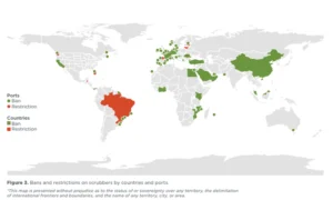 Map of bans and restrictions on scrubbers by countries and ports.
