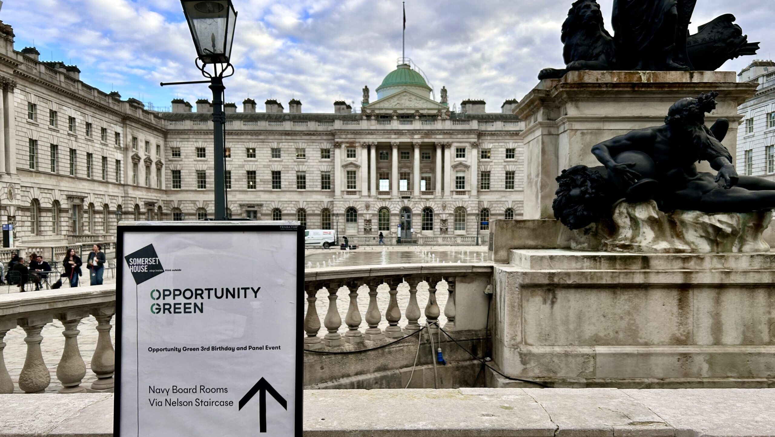 Sign for Opportunity Green's birthday event outside Somerset House