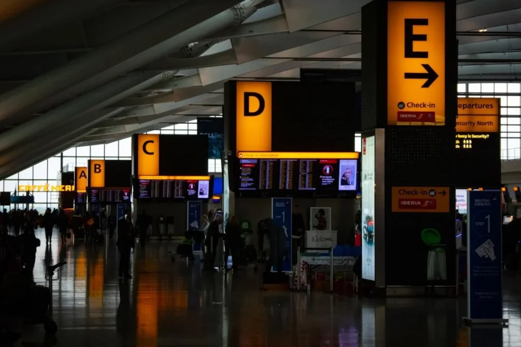 Image of departures gates at London Heathrow airport.