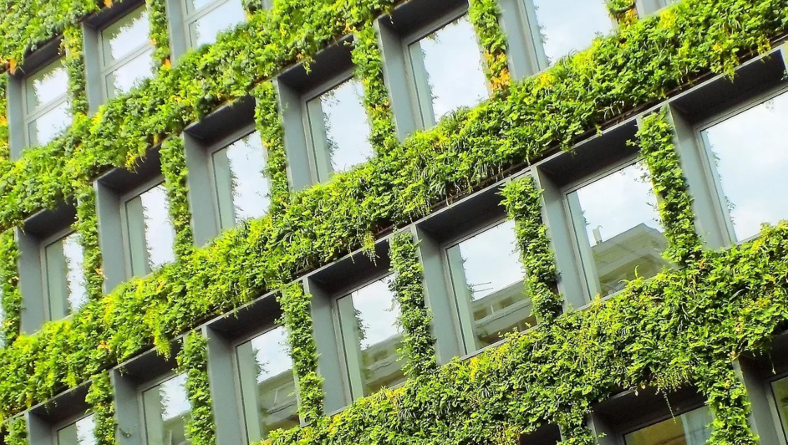 Building facade with an abundance of green shrubs around each window Building facade with an abundance of green shrubs around each window