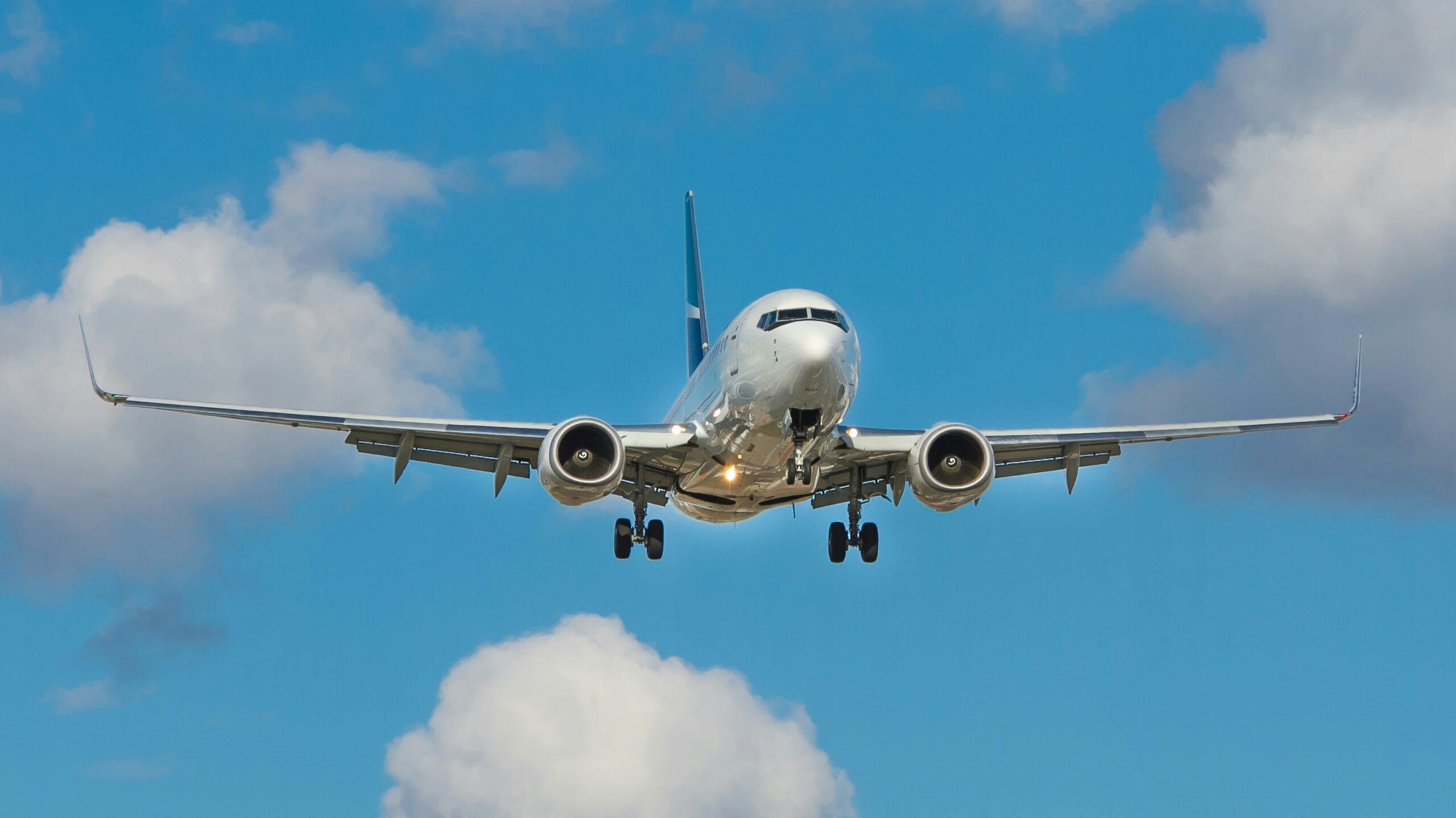 Ground view of an airplane coming into land